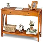 CASART Console Table, 2 Tiers Wooden Sofa Table with 2 Drawers & Shelf, Narrow Hallway Accent Table for Living Room Bedroom Entryway (Light Brown)