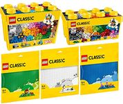BRICKCOMPLETE Lego Classic Set of 5: 10696 Medium Building Blocks Box, 10698 Lego Large Building Blocks Box, 11023 Green Building Plate, 11025 Blue Building Plate & 11026 White Building Plate