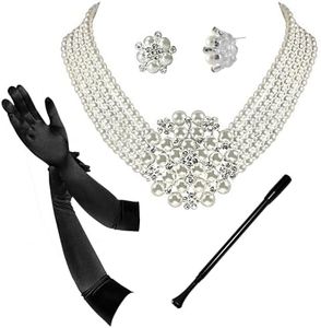 ROFIFY Audrey Hepburn Style Inspired Breakfast at Tiffany's Holly Golightly Vintage Necklace Earrings, Long Black Holder, Black Opera Gloves Costume Jewelry accessories Set PIN