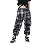 Rolanko Kids Girls Cargo Jogger Pants Streetwear Casual Loose Sweatpants Hip Hop Dance Clothes (Black Plaid, 14-16)