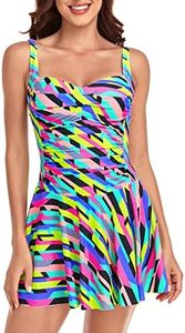 RELLECIGA Women's Neon Striped Ruched Tummy Control Swimwear Square Neckline one Piece Swimsuit Size Small