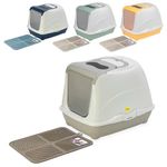 CAT CENTRE Grey Hooded Flip Cat Litter Tray + Grey Tray Mat + Filter & Scoop Box Kitten Box Toilet Extra Deep Anti-Spillage Easy Cleaning Access Durable Premium Quality Flap Door Enclosed Entrance