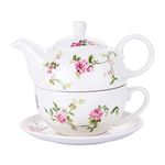 Porcelain Tea for One Set, Floral Ceramic Tea for One Teapot and Cup Set, 12oz Rattan Flowers Tea Set Gift for women