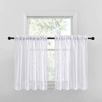 NICETOWN White Short Kitchen Curtains Linen Textured Privacy for Basement/Cafe Curtains - Half Window Small Sheer Curtains Rod Pocket Tier Valance for Windows Above Sink (52 W x 36 L, White, 2 Panels)