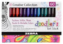 ZEBRA Doodler'z Gel Stick Pens, 1.0 mm, Fashion. Glitter, Neon and Pastel Colours. Box of 60 pens