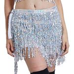 JK Home Boho Belly Dance Skirt Sequins Tassel Hip Scarf Mini Fringe Wrap Skirt for Women Girls Rave Party Beach Dance Costume Music Festival Party Club Skirts Silver