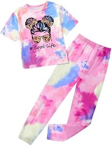 Aulyffo Girls Clothes Tie Dye Girl Outfits Cute Graphic Short Sleeve Tops Long Pants Two Piece Sweatsuits Set 6-14 Years Old, Pink, 9-10 Years