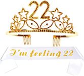 MEANT2TOBE 22nd Birthday Sash and Tiara for Women - Fabulous Set: Glitter Sash + Stars Rhinestone Gold Premium Metal Tiara for Women, 22nd Birthday Gifts for 22nd Birthday Party