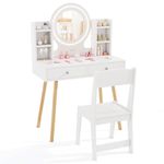 COSTWAY Kids Dressing Table, Girls Vanity Set with Stool, 2-Color LED Lights Mirror, Drawers, Storage Shelves, Make Up Pretend Dresser Desk Chair Set (White)