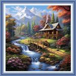 DMCVIVR Embroidery kit for Beginners with Embroidery Patterns, Stamped Embroidery Kits for Adults, Needlepoint Kits for Beginners 11CT crossstitching Kits Adult-Creek Scenery 18x18 inch