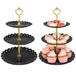 WenYa 2 Pack 3-Tier Plastic Dessert Stands, Cake Display Cupcake Holder for Kids Birthday Party, Round Serving Stand Tray for Wedding Home Decor Baby Shower Tea Party (Black Round)