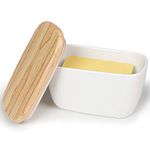 HAOTOP Porcelain Butter Dish Perfect for 4 Sticks of Butter,Butter Container Large Ceramics Butter Holder with Wooden Lid (White)