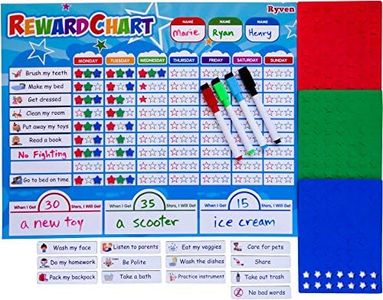 Ryven Kids Reward Chart Set - Magnetic Responsibility and Good Behavior Chore Board with 210 Magnetic Stars & 4 Dry Erase Markers for Multiple Children Learning of Rules, Daily Routine, Education