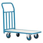 Flat Bed Trolley - Fixed Warehouse and Office Platform Cart, Blue Steel with Wooden Deck