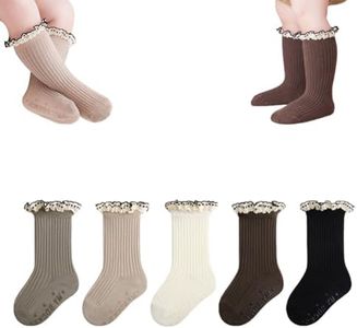 WATOCHE Baby Girls Socks Toddlers Ruffle Frilly Lace Socks for Toddler Girls Baby Nonslip Cotton with Grips(Anti-slip Lace,1-3T)