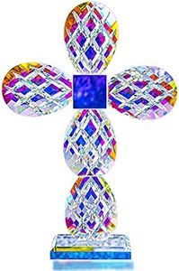 QFkris 9'' Tall Colorful Crystal Cross Standing Grid Modern Cross Figurine Glass Craft for Mothers Day Gifts Memorial Gifts Christian Decor