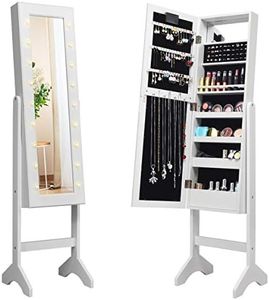 Giantex Jewelry Armoire w/Standing Full-Length Mirror, Large Storage Mirrored Jewelry Cabinet w/LED Lights Around the Door, Freestanding Cosmetic Storage Organizer with 16 Lipstick Holder (White)