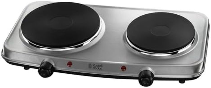 Russell Hobbs Double Hot Plate Electric Stainless Steel Hob, 2 Cast Iron Plates, Large 1500W, Small 750W, Portable, Table top, Variable & Individual Temp Control, Easy to Clean, 15199