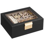 SONGMICS Jewelry Box with Glass Lid, 2-Layer Jewelry Organizer, Graphite Black and Metallic Gold UJBC238B01