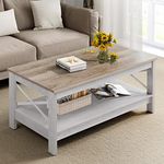 YITAHOME Coffee Table, Living Room Table, 2-Tier Thick Wood, Rectangular Coffee Table, X-Shape Metal Side Support, Sturdy, 100 x 55.3 x 45 cm (White + Grey)