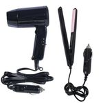 Unifizz 12V Black Portable Car Hot Cold Folding Travel Ideal Hair Straightener and Hair Dryer Kit with Foldable Handle