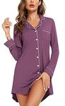 Long Sleeve Nightgowns for Women, Women's Button Down Sleepwear Classical Sleep Shirt Dres Fuchsia L