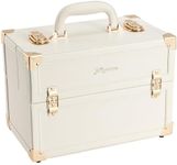 Joligrace Makeup Train Case Large Portable Cosmetic Makeup Storage Box Organizer Lockable with 4 Tray Compartments Retro Champagne Beige Vegan Leather, champagne gold, Makeup Case With 4 Tray