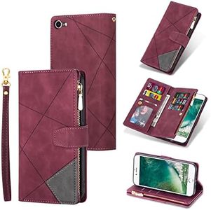 UEEBAI Wallet Case for iPhone SE 2022 5G/iPhone 7/iPhone 8/iPhone SE 2020, Premium PU Leather Cover Flip Case Card Slots Magnetic Zipper Kickstand Handbag with Hand Strap for iPhone SE3/SE2 - Wine Red