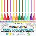 Kassa Pastels (12 Pack) Liquid Chalkboard Markers: Erasable for Blackboard, Windows, Glass or Mirrors; Non-Toxic Washable Chalk Board Paint Marker Pens with Reversible Dual Tip, 12 Pastel Colors