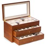 Bey-Berk BB686BRW Cherry Wood 36 Watch Box with Glass Top & 2 Drawers, Velour Lining & Pillows. Brown