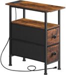 HOOBRO End Table with Charging Station, Narrow Side Table with 2 Fabric Drawers, Skinny Nightstand with Storage, Slim Bedside Table for Living Room, Small Spaces, Rustic Brown and Black BF487UBZ01