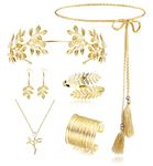 JeryWe 6 Pcs Greek Goddess Costume Accessories Set for Women Golden Laurel Leaf Crown Headband Upper Arm Cuff Coil Bracelet Pearl Leaf Dangle Earring Bridal Wedding Headpiece Toga Costume Jewelry