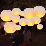 DazzLiteer 12pcs White Paper Lanterns with LED Light, Decorations Round Hanging Paper Lantern Lamps for Birthday, Wedding, Party, Home Decorations (Size of 8”, 10”, 12”)