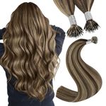 YoungSee Nano Beads Hair Extensions Dark Brown Highlights Caramel Blonde Nano Extensions Brown Nano Tips Hair Extensions Cold Fusion Hair Extensions Nano Rings Human Hair Brown 16 inch 1g/s 50g