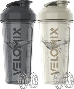 VELOMIX -2 Pack- 28 oz Protein Shaker Bottles for Protein Mixes - 2x Wire Whisk | Leak Proof Shaker Cups for Protein Shakes | Protein Shaker Bottle Pack | Shakers for Protein Shakes-Gray&White