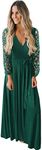 Kranda Womens Vintage Floral Lace Long Sleeve Faux Wrap V Neck Party Long Maxi Dress, Deep Green, Small