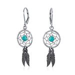 Blue Turquoise Western Jewelry Native American Indian Dream Catcher Feather Dangle Earrings For Women Teen .925 Sterling Silver