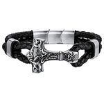 FaithHeart Mens Viking Bracelets Punk Norse Mjolnir Thors Hammer Pendant Leather Bracelet Black Wax Rope Wristband Hip Hop Jewellery Birthday Gifts