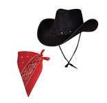 Adult Texan Cowboy Hat Black & Red Bandana/ Neckerchief Fancy Dress Party Accessory Wild Western Sheriff Country Western Rancher