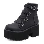 GooMaShoes Women's Matte Black Buckle High Heel Platform Boots Goth Shoes, Punk Block Combat Boots, Gothic Round Toe Chunky Heel Ankle Boots (US Size 8)