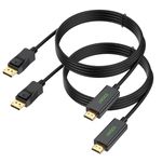 DisplayPort (DP) to HDMI Cable 6FT 2-Pack, UVOOI Display Port to HDMI Cable 6 Feet Male to Male Adapter 1080P Support Video and Audio for Monitor, HDTV, Projector