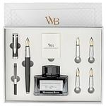 Wordsworth & Black Fountain Pen Gift Set, Includes Ink Bottle, 6 Ink Cartridges, Ink Refill Converter, 4 Replacement Nibs, Premium Package, Journaling, Calligraphy, Smooth Writing Pens [Black Chrome]