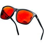 KANASTAL Red Sunglasses Mens Polarised Orange Womens Red Mirrored Square Ladies Retro Sun Glasses Mirror Red Polarized Coloured UV Protection - Black Frame Red Lens