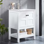 DELAVIN 24" Single Solid Wood Modern Bathroom Vanity Set with White Undermount Vessel Sink, Free Standing, 2 Doors Wood Bathroom Storage Cabinet (White)