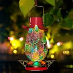 MKLZ LED Solar Hummingbird Feeder for Outdoors, Multicolor Glass Mosaic Hanging Humming Bird Nectar Bottle with 4 Flower Feeding Stations for Outside, Waterproof Garden Decor Light (Ring Perches)