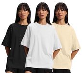 JUNEBERRY® Pure Cotton Drop Shoulder Oversized Baggy Fit Half Sleeve Plain Solid Round Neck Multicolor T-Shirt for Women & Girls (Pack of 3) (PO3_OS_J_WT_BK_SW_L)