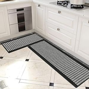 Kitchen Rugs Washable [2PCS], Non-Skid Kitchen Mats for Floor, Absorbent Runner Rugs for Kitchen, Front of Sink, Hallway, Laundry (Black, 17"x 32"+17"x 47")
