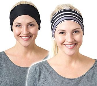 RiptGear Stretch Sport Headband for Women (Black Solid and Striped) — Non-Slip Sweat Wicking Fabric Great for Yoga, Running or The Gym — Soft Headband That Fits Most Head Sizes — (2-Pack)