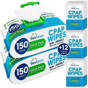 DuraCleanse CPAP Mask Cleaning Wipes - 2 Pack - 2x150 Count Plus 12 Travel Wipes - Extra Large, Extra Moist Cleaning CPAP Wipes for Mask, CPAP Machine & Supplies - Skin Safe with Aloe Vera