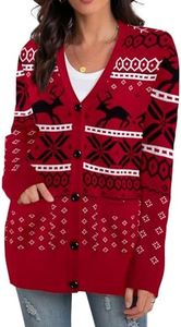 Ugly Christmas Sweater for Women Christmas Cardigans Funny Xmas Open Front Button Down Knit Coat Outwear, Red, Large